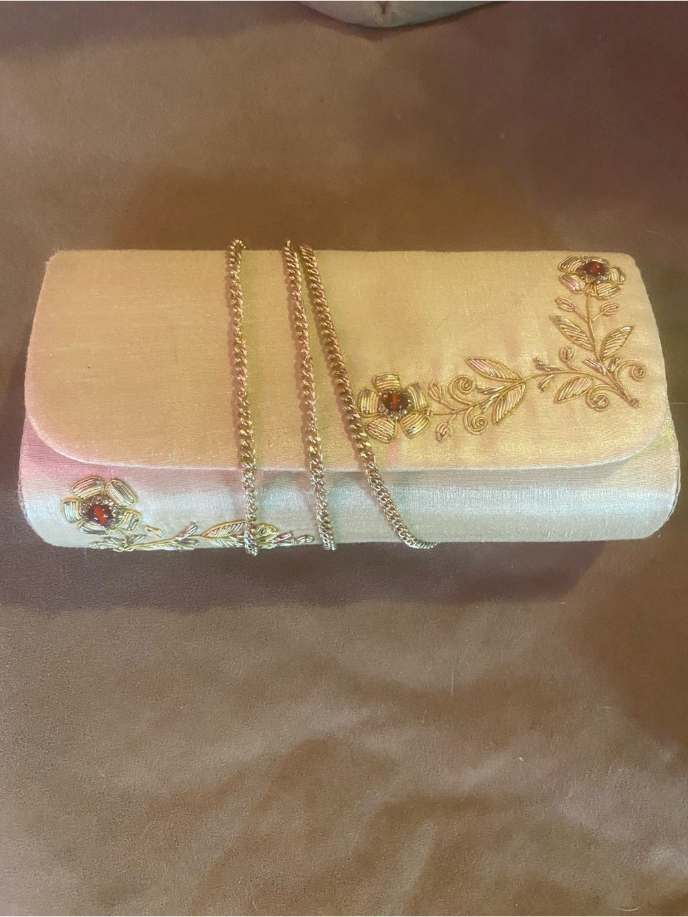 Vintage Gold Silk Satin Clutch - Hand-Embroidered Floral Zardozi
Evening Bag